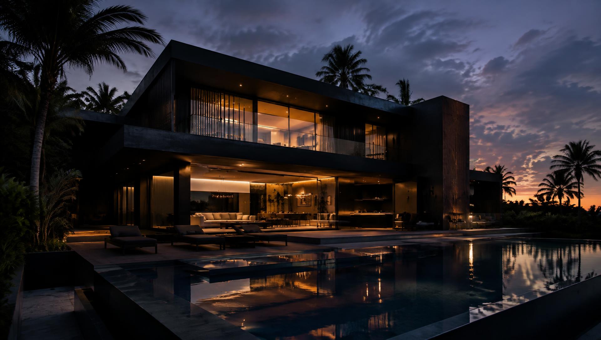 Modern luxury residence at dusk built by a South Florida general contractor