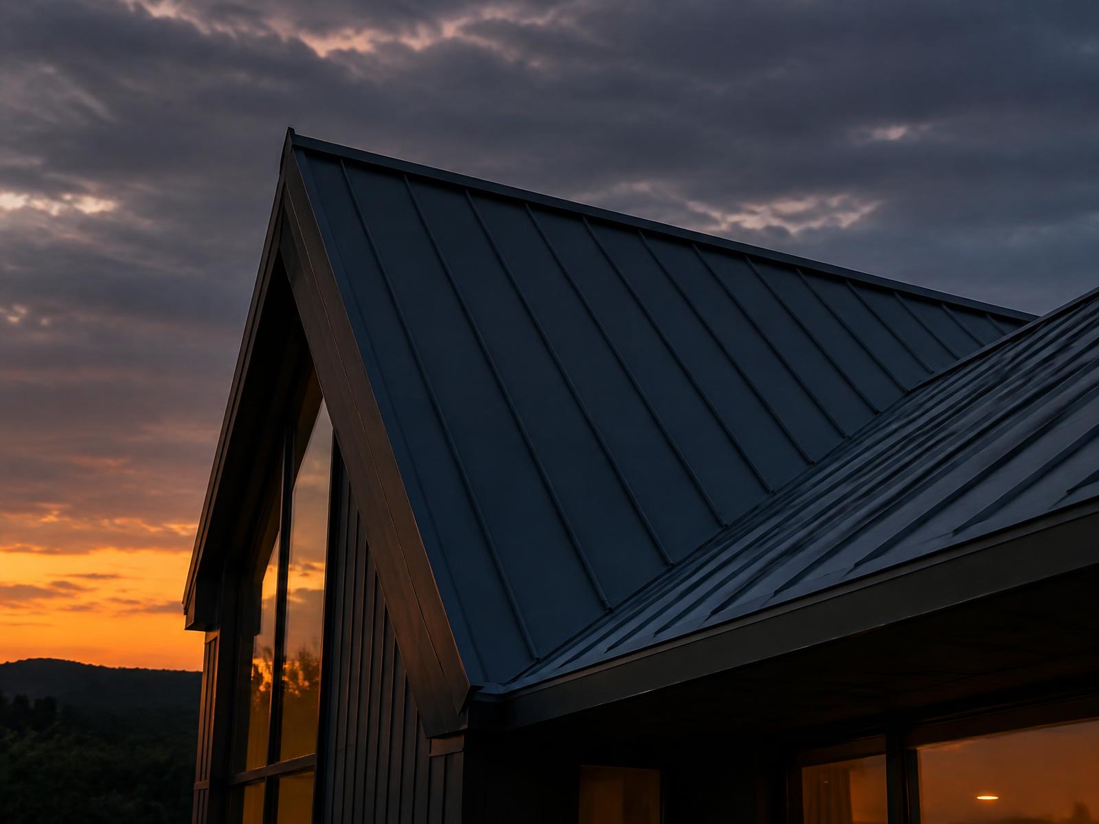Black standing seam metal roof on a modern home